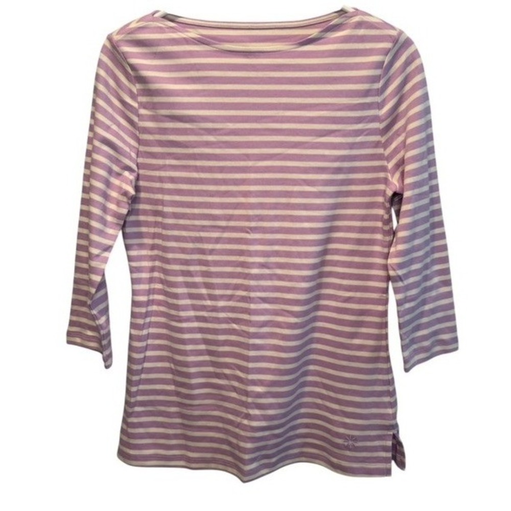 Isaac Mizrahi Live Womens Lavender Striped Boat Neck 3/4 Sleeve Knit Top XS NEW